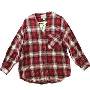 NWT Rosettes Flannel Shirt Womens L Red Buffalo Plaid V-neck Button Down Boho
